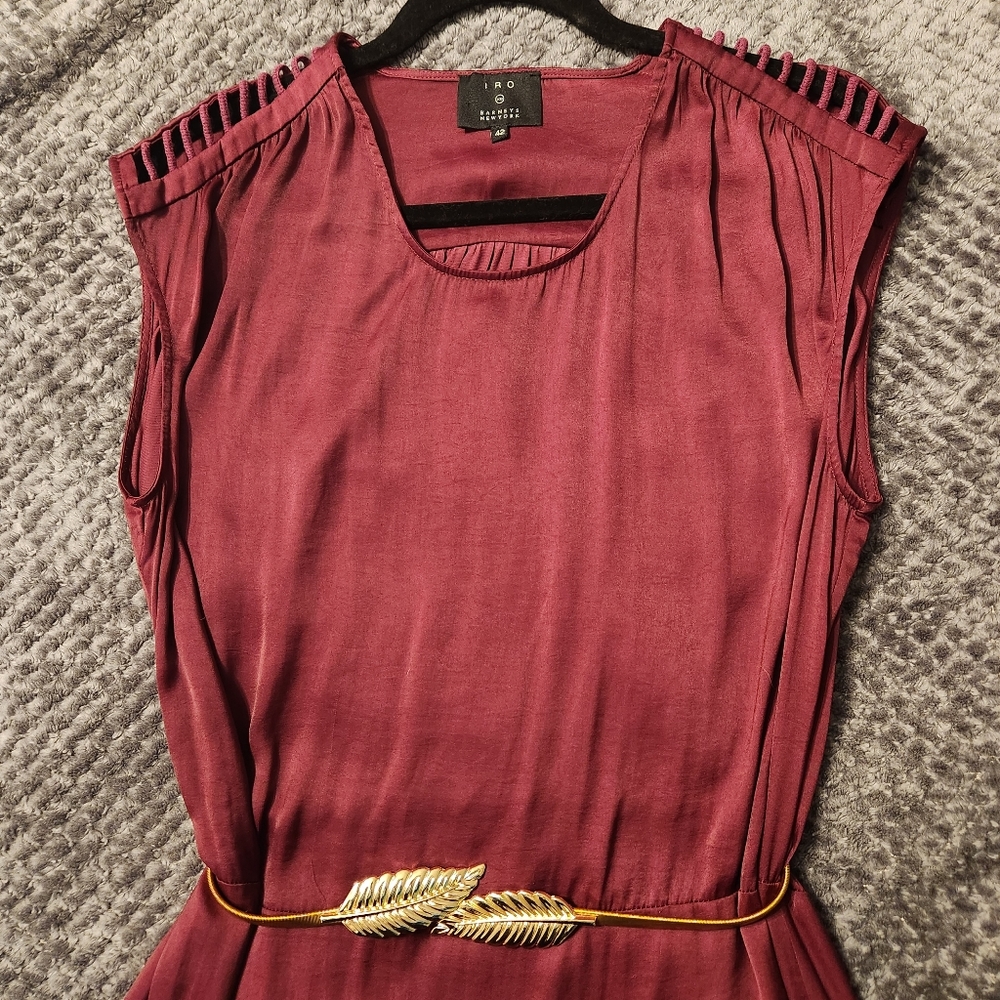 Iro dress. Eggplant. Size 42. Silk-like polyester. Peek-a-boo shoulder detail.